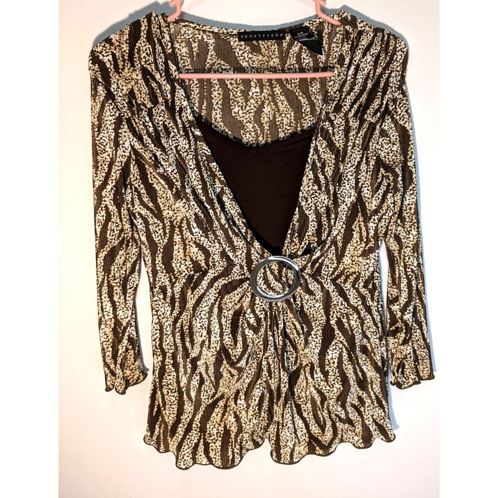 Apostrophe Top Womens Size Medium Layered Gold Brown Animal Print